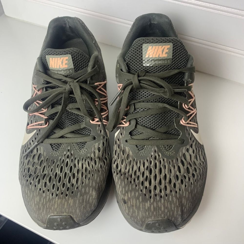 Nike Zoom Winflo 5 Olive‎ Green Pink Athletic Running Shoes Women's US 7.5